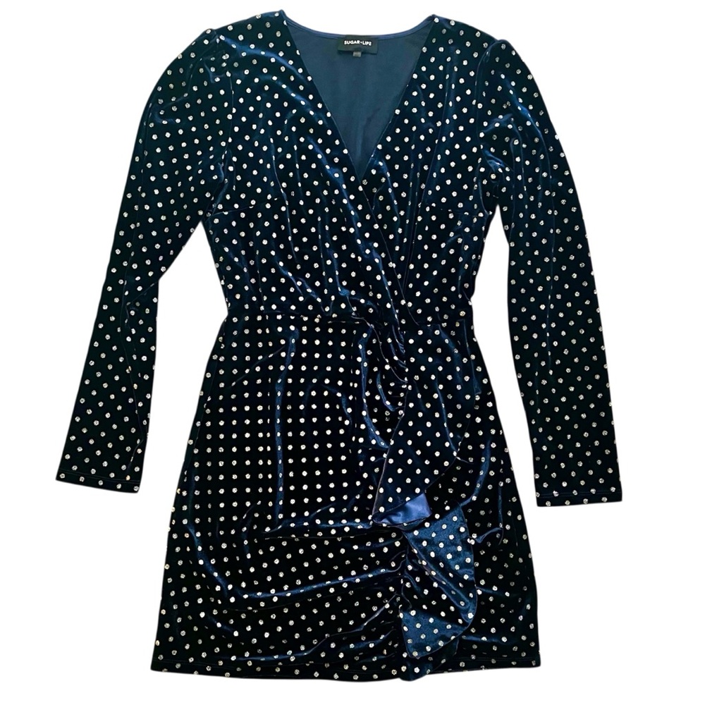 Sugarlips Long Sleeve Navy Blue Dress w/Silver Polka Dots and side ruffle size L